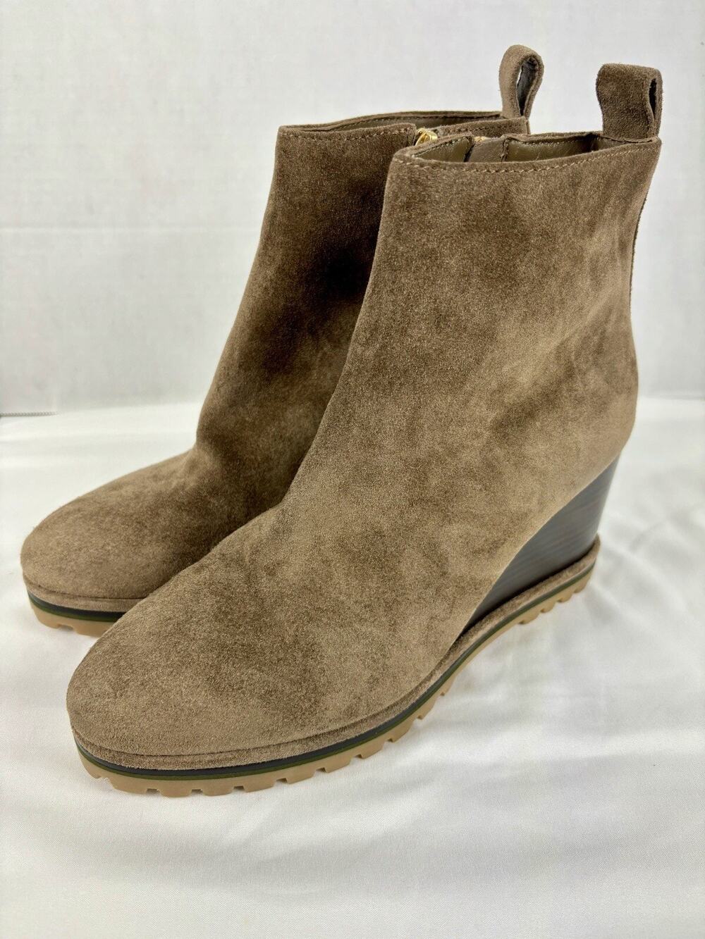 Tory Burch Wedge Boot River Rock Tan Brown Suede 8.5 M Lug Sole